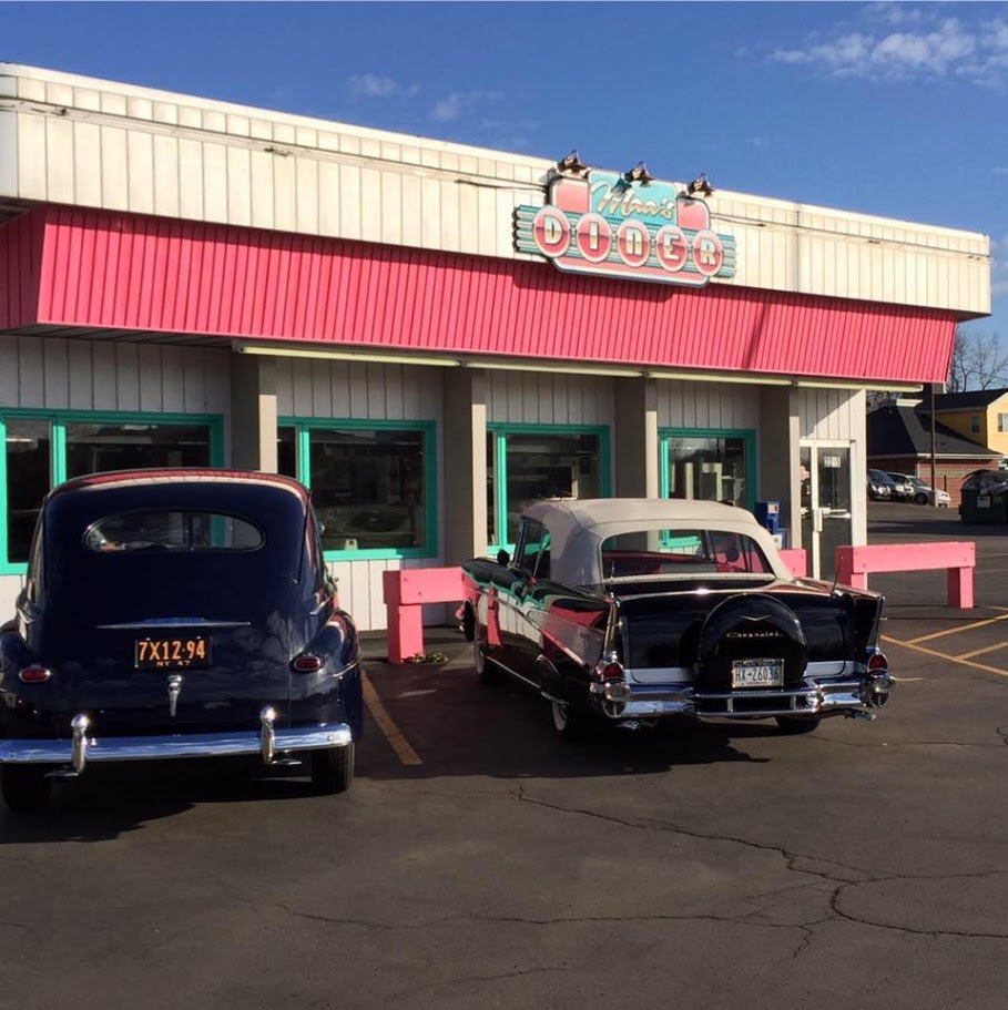 Bright diner tables and counter seating