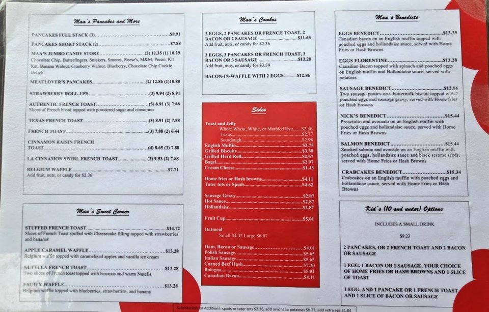 Printed diner menu with breakfast and dinner sections