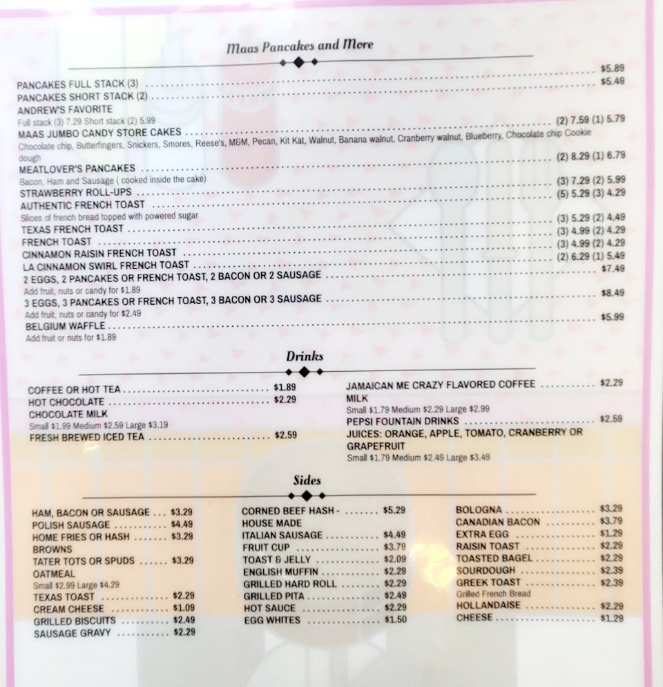 Breakfast menu with classic diner dishes